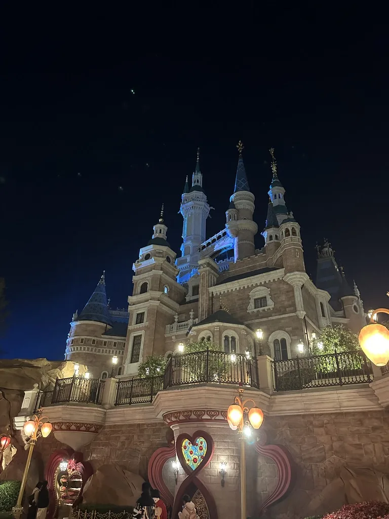 夜のライトに照らされた上海ディズニーランドの城